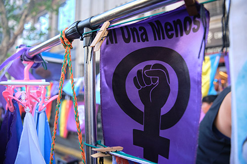 #NiUnaMenos handkerchief in Buenos Aires, Argentina, during the International Women’s Day mobilization in 2023